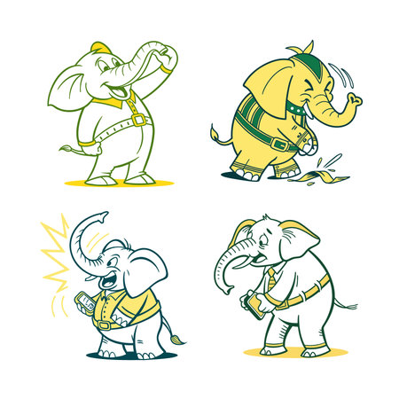 Cartoon Elephants Vector Illustrations Set in Varied Posesのイラスト素材