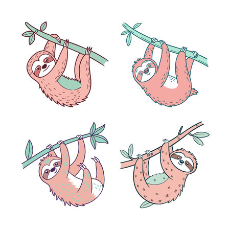 Cute Sloths Hanging on Branches, Isolated Vector Illustrationのイラスト素材