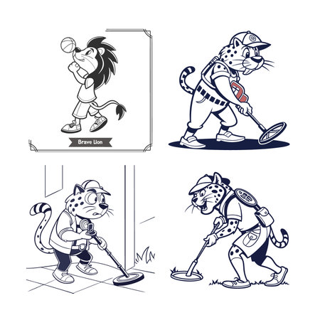 Cartoon Animals Using Metal Detectors Line Artのイラスト素材