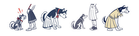 Funny Cartoon Huskies Wearing School Uniformsのイラスト素材