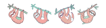 Cute Sloths Hanging on Branches, Isolated Vector Illustrationのイラスト素材
