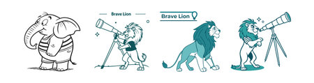 Cartoon Elephant and Lions with Telescope Illustrationsのイラスト素材