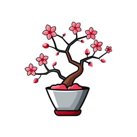 Cartoon Cherry Blossom Bonsai Tree in Potのイラスト素材
