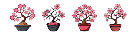 Cartoon Bonsai Tree with Pink Flowers Illustrationのイラスト素材