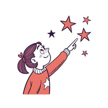 Cheerful Girl Pointing to Starsのイラスト素材