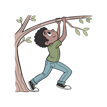 African American boy climbing a tree. Vector illustration on white background.のイラスト素材