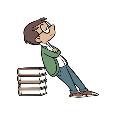 boy with glasses sitting on pile of books, cartoon vector illustration.のイラスト素材