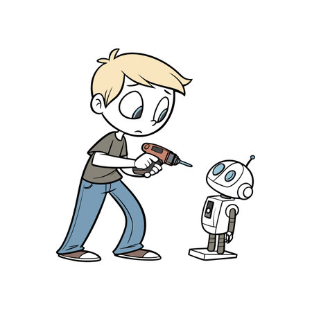 Energetic Cartoon Boy Working on Robot Projectsのイラスト素材