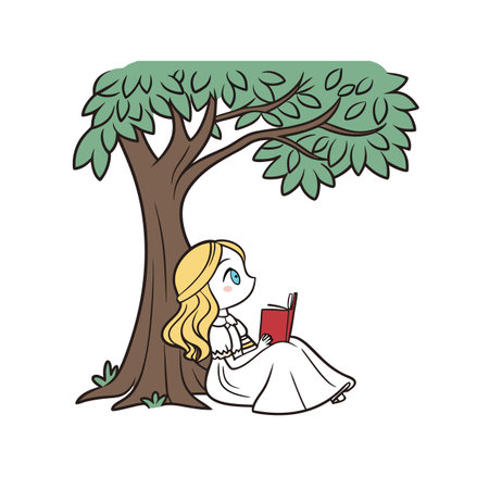 Charming Cartoon Girl Reading in Natureのイラスト素材