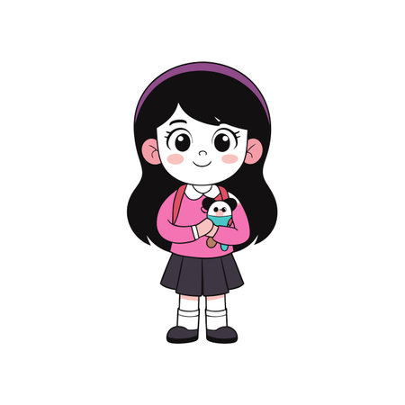 Shy Girl with Black Hair Illustrationのイラスト素材