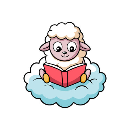 Delightful Sheep with Storybook and Cloudのイラスト素材
