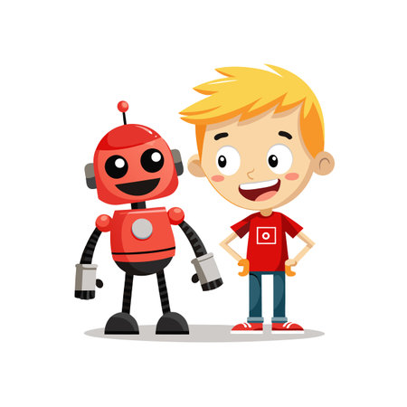 Delightful Cartoon Boy with Robotのイラスト素材