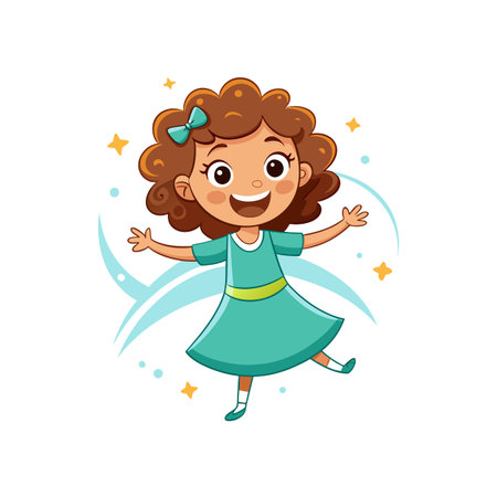 Joyful Cartoon Girl with Bright Curly Hairのイラスト素材