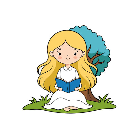 Charming Cartoon Girl Reading in Natureのイラスト素材