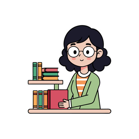 Energetic Cartoon Librarian Helping Readersのイラスト素材