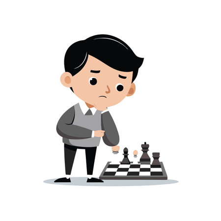 Thoughtful Cartoon Boy with Chessboardのイラスト素材