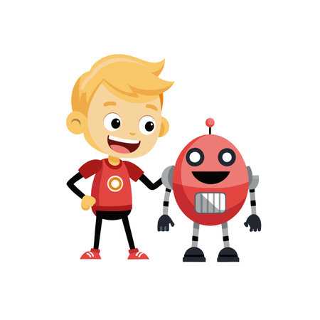Cheerful Boy with Robot Characterのイラスト素材