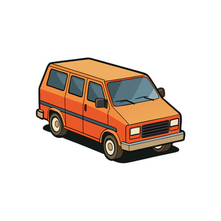 Retro Orange Van, Cartoon Style, Transportation Illustration