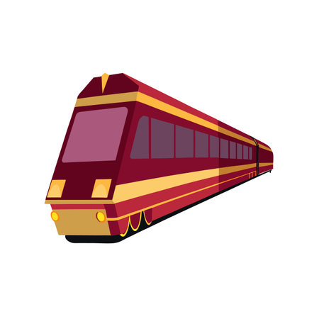 Modern maroon and gold passenger train on white background