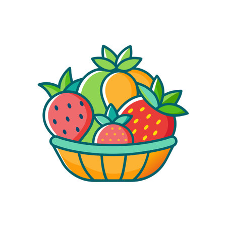 Fresh fruit basket icon: strawberries, mangoes, orangesのイラスト素材