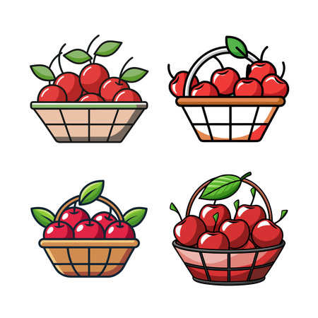 Cartoon basket full of ripe red cherries fruitのイラスト素材