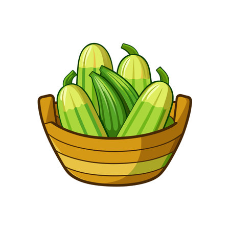 Zucchini in a Wooden Basket Cartoon Illustrationのイラスト素材