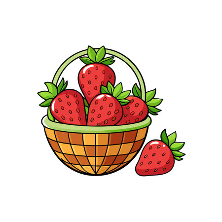 Cartoon Basket of Strawberries, Fresh and Ripe Berryのイラスト素材