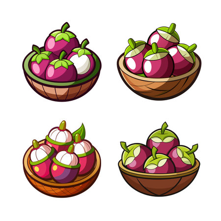 Cartoon Mangosteens in a Basket Illustration on Whiteのイラスト素材