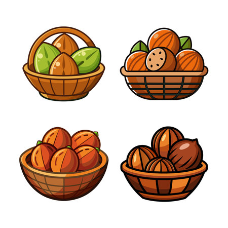 Basket of Almonds and Green Leaves Cartoon Illustrationのイラスト素材