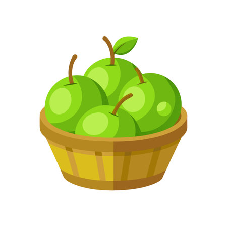 Basket of Green Apples, Healthy Fresh Fruit Illustrationのイラスト素材
