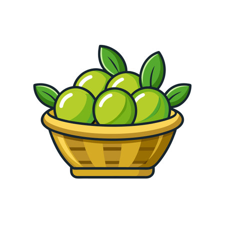 Green olives and leaves in a woven basketのイラスト素材