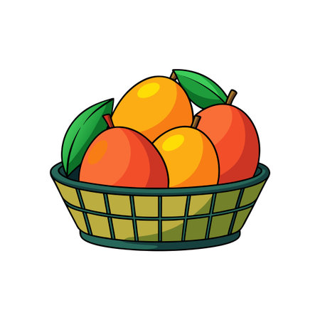 Basket of ripe cartoon mangoes and leavesのイラスト素材