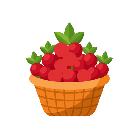 Cartoon Basket of Red Cherries with Green Leavesのイラスト素材