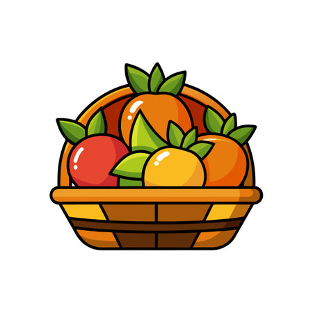 Cartoon Fruit Basket: Apples, Oranges, and Green Leavesのイラスト素材