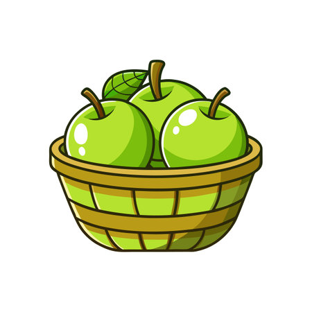Green apples in a basket, cartoon illustrationのイラスト素材