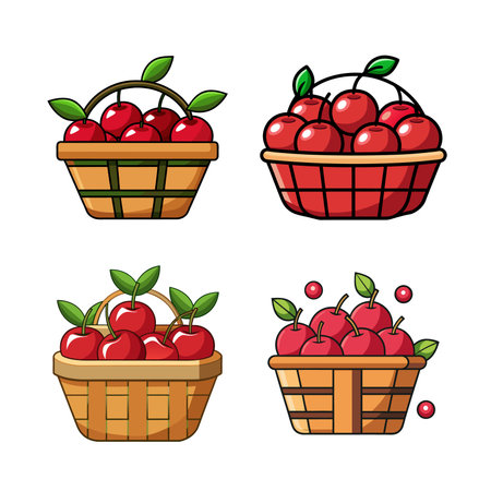 Cartoon basket filled with ripe red cherries iconのイラスト素材