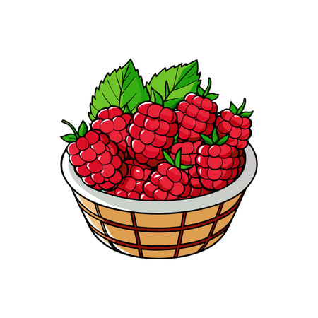 Cartoon basket full of fresh, ripe, red raspberriesのイラスト素材