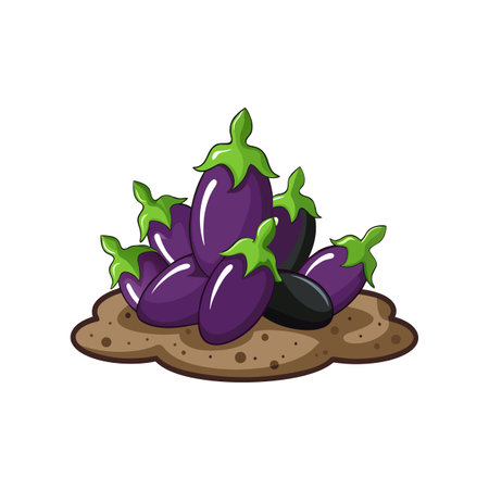 Cartoon eggplant illustration on brown soil, white backgroundのイラスト素材