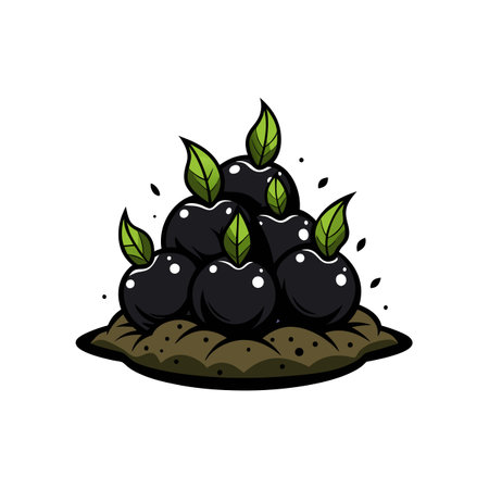 Pile of shiny black fruits with leaves cartoonのイラスト素材