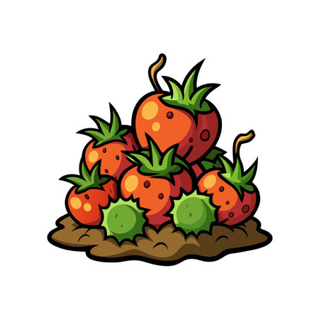 Cartoon pile of tomatoes and spiky green fruitのイラスト素材