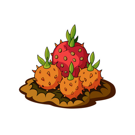 Cartoon Kiwano Melons and Dragon Fruit on soilのイラスト素材