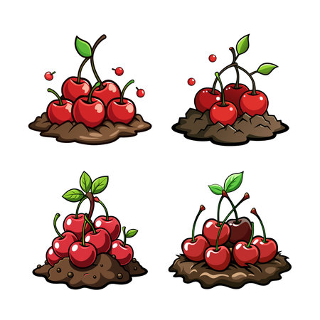 Cartoon Cherries Freshly Picked on Soil Mound Vectorのイラスト素材