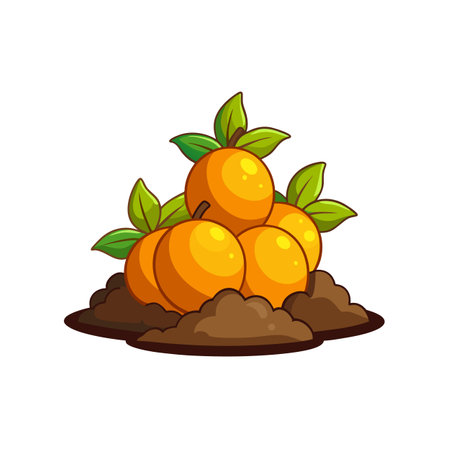 Cartoon tangerine bunch growing in soil with green leavesのイラスト素材