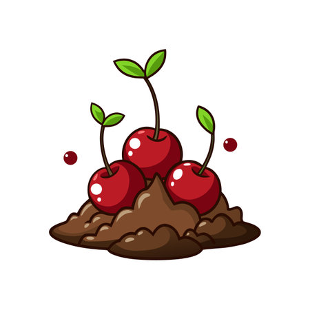 Cartoon Cherries Growing in Dirt, Red and Greenのイラスト素材