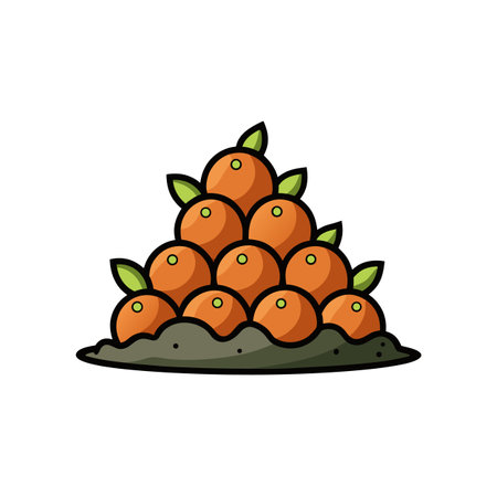 Cartoon Oranges Stacked Like Pyramid with Leafy Decorのイラスト素材