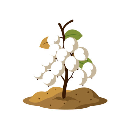 Stylized Cotton Plant Illustration with Soil and Leavesのイラスト素材