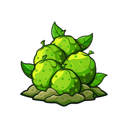 Cartoon Green Fruits on Ground with Leaves Illustrationのイラスト素材