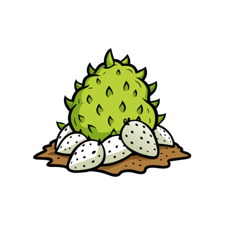 Cartoon soursop illustration with seeds on brown soilのイラスト素材