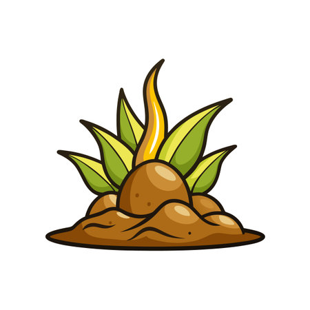 Potato plant sprouting in cartoon illustration, brown soilのイラスト素材