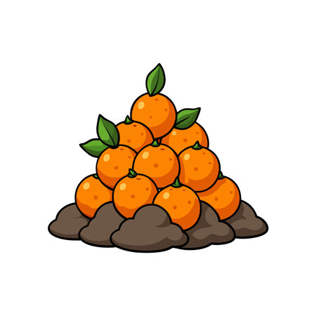 Pile of cartoon oranges with leaves and dirtのイラスト素材